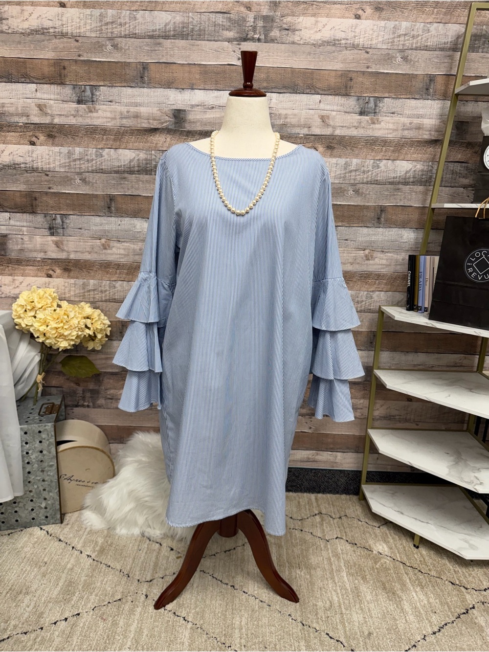 Philosophy Blue & White Pin Striped w/Ruffle Bell Sleeves 16